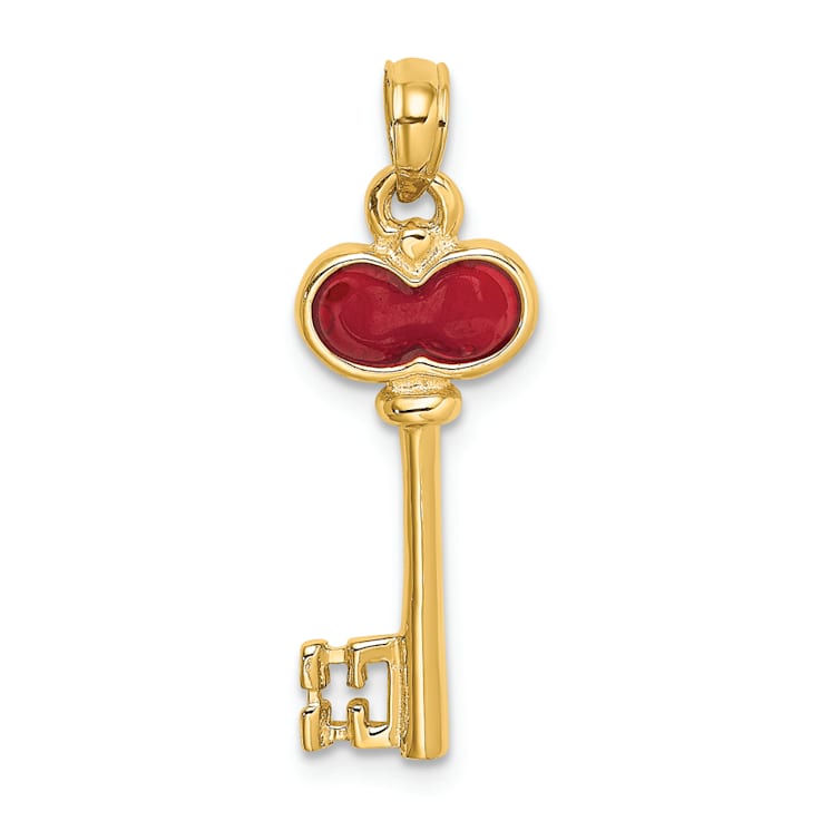 14k Yellow Gold Polished 3D Red Enameled Heart Key Charm
