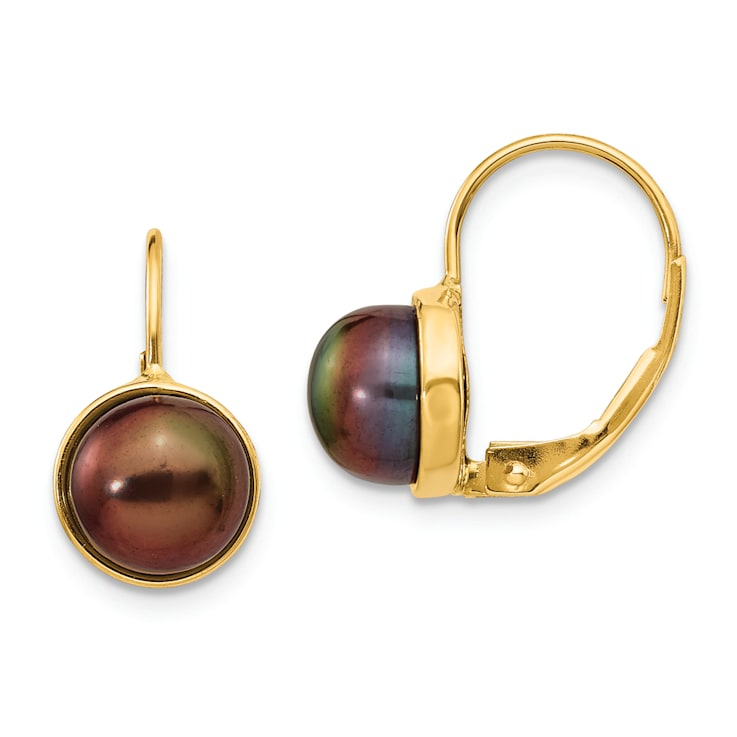 14K Yellow Gold 6-7mm Black Button Freshwater Cultured Pearl Leverback Earrings