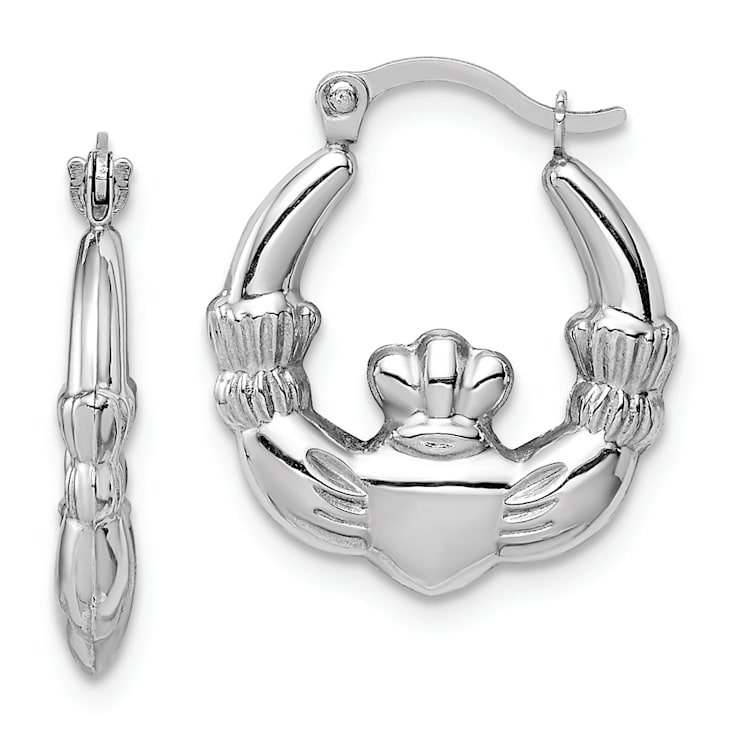 Rhodium Over 14k White Gold Textured 11/16" Claddagh Hoop Earrings