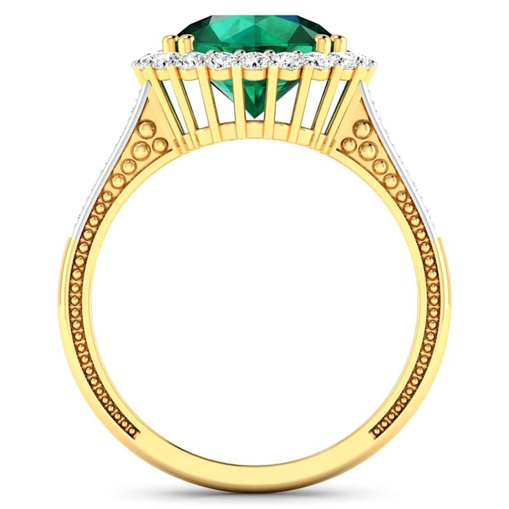 Round Green Emerald and Diamond 14K Yellow Gold Halo Ring 3.29 ctw
