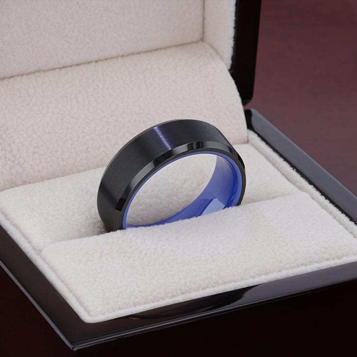 RIGEL Flat Beveled Edges Black Tungsten Ring with Brushed Center and
Vibrant Blue Ceramic Inside 8mm