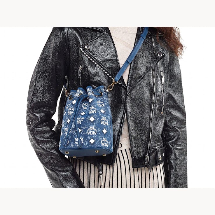 MCM Mini Dessau Drawstring in Vintage Denim Jacquard Handbag