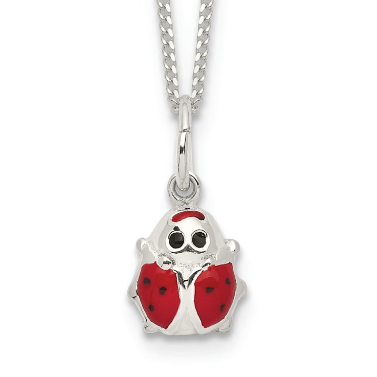 Sterling Silver Polished Black and Red Enameled Ladybug Children's Necklace