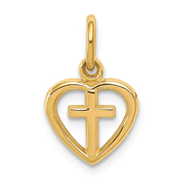 14K Yellow Gold Cross in Heart Charm Pendant