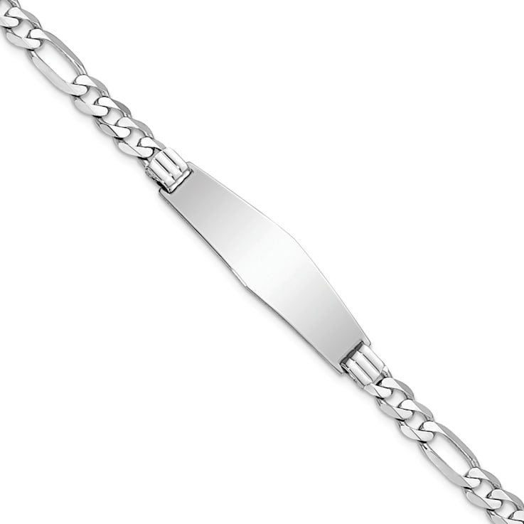Rhodium Over 14k White Gold Figaro Link Soft Diamond Shape ID Bracelet