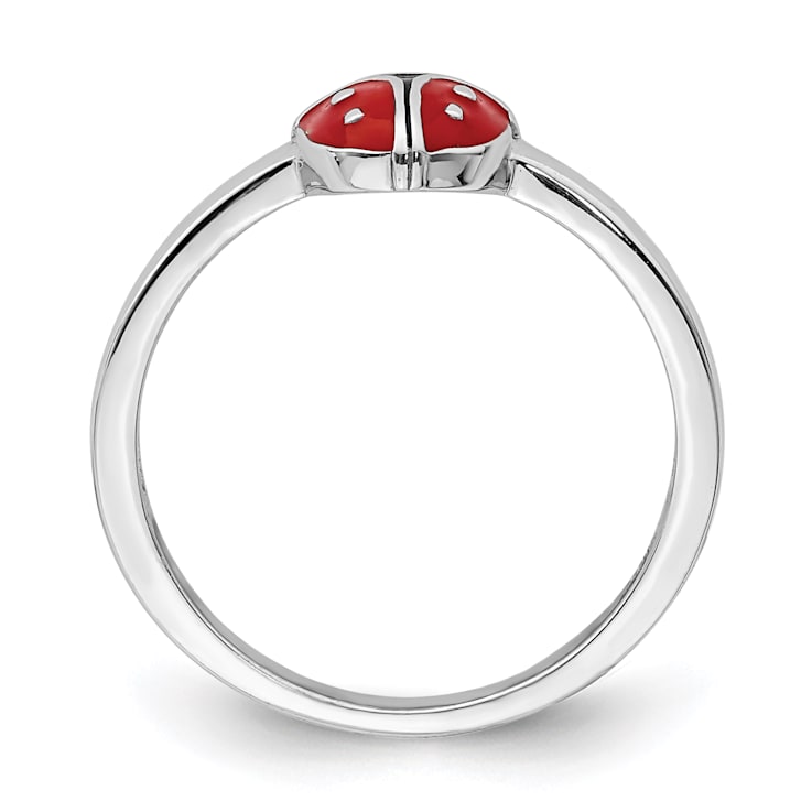 Rhodium Over Sterling Silver Polished and Enameled Ladybug Children's Ring