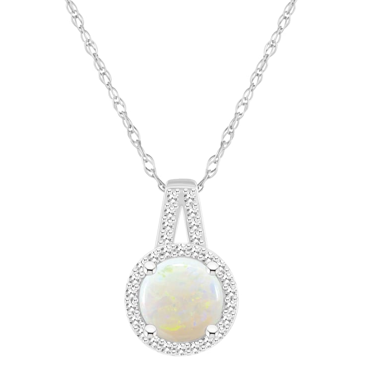 7mm Round Opal 1/7 ctw Diamond Rhodium Over Sterling Silver Halo Pendant
with Chain