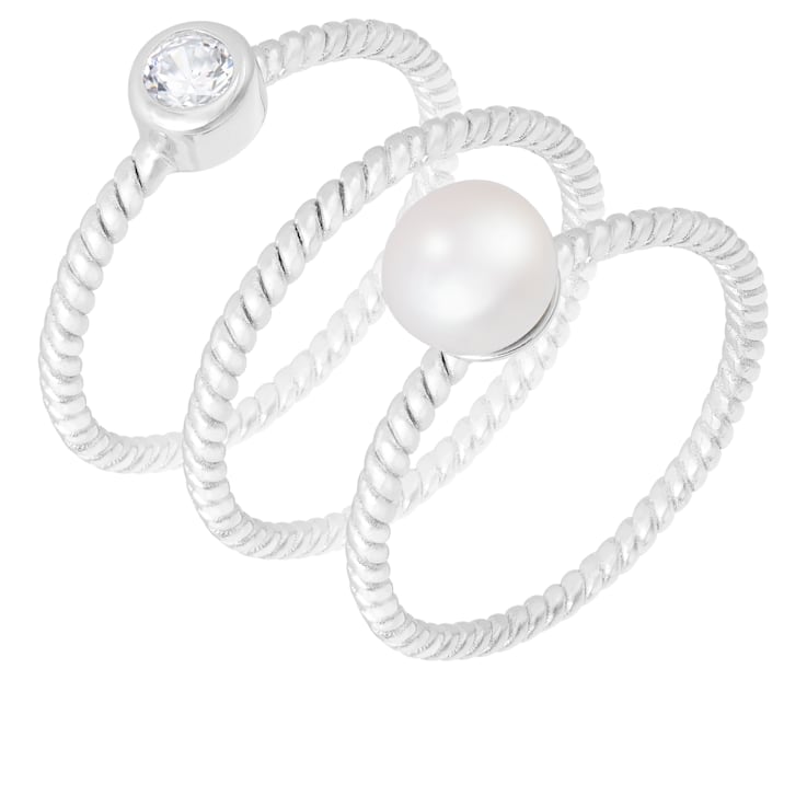 White Cultured Freshwater Pearl Rhodium Over Silver Ring