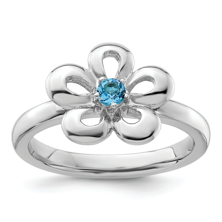 Sterling Silver Stackable Expressions Polished Flower Blue Topaz Ring 0.1ctw