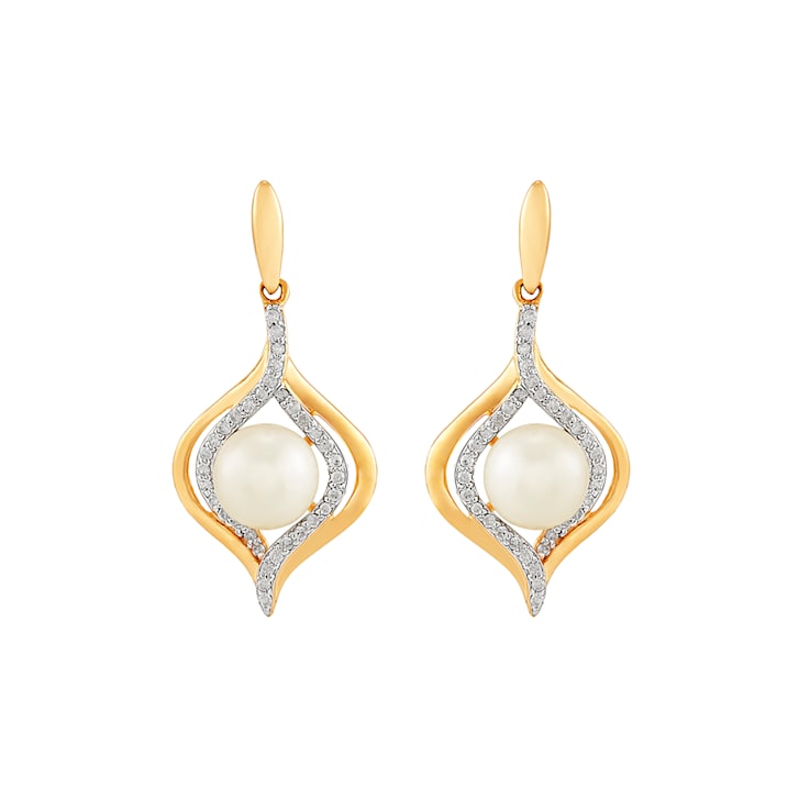 6.5-7mm Round White Freshwater Pearl with 0.19ctw Diamond 14K Yellow
Gold Drop Earrings