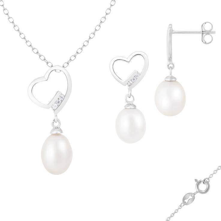 7-9mm Drop White Freshwater Pearl and CZ Rhodium Over Sterling Earring
and Pendant W/Chain Set