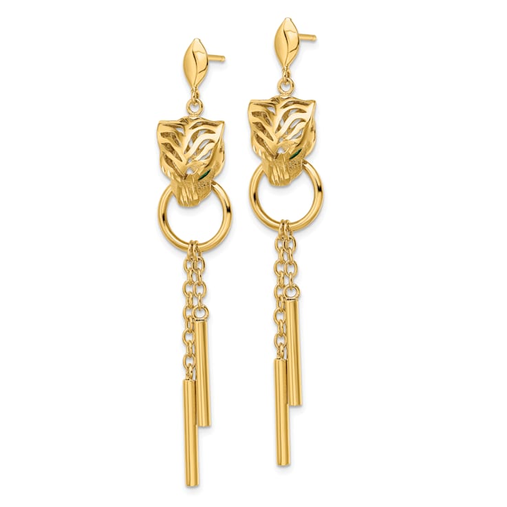 14K Yellow Gold Polished Green Enamel Tiger Post Dangle Earrings