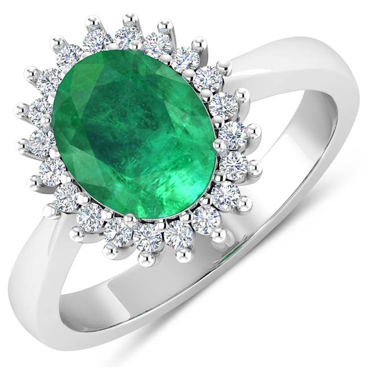 1.19ctw Green Emerald and Diamond 14K White Gold Halo Ring