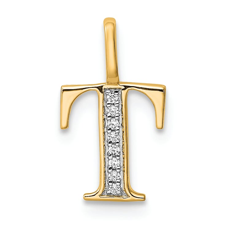 14K Yellow Gold Diamond Letter T Initial Pendant