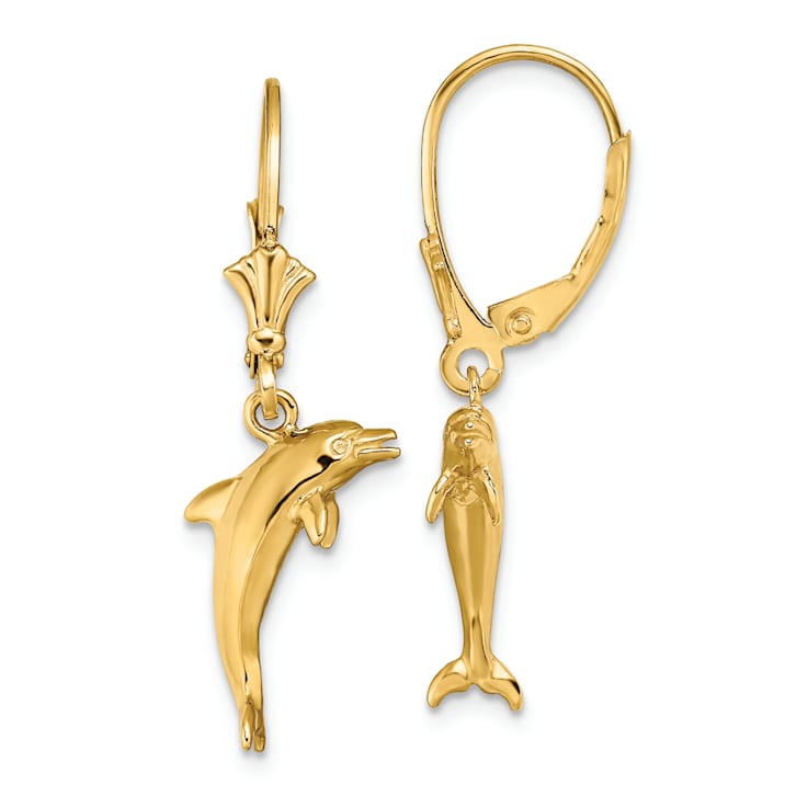 14k Yellow Gold 3D Mini Dolphin Jumping Dangle Earrings