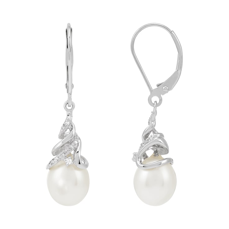10x8mm Oval White Freshwater Pearl with 0.07ctw Diamond 14K White Gold
Drop Earrings