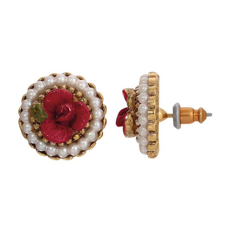 Gold Tone Faux Pearl Red Flower Round Stud Earrings