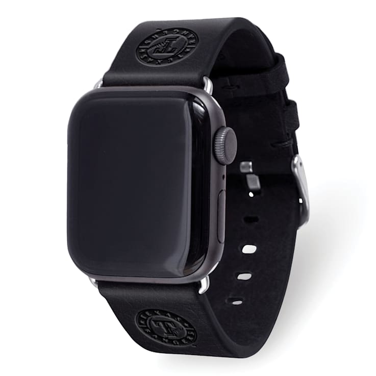 Gametime MLB Texas Rangers Black Leather Apple Watch Band (42/44mm M/L).
Watch not included.