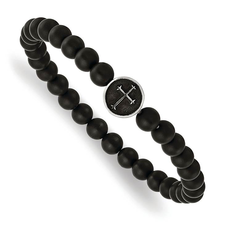 Stainless Steel Antiqued and Polished Black Agate Cross Stretch Bracelet