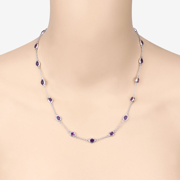 Oval Purple Amethyst By the Yard Rhodium Over Sterling Silver Station
Necklace 6.12ctw