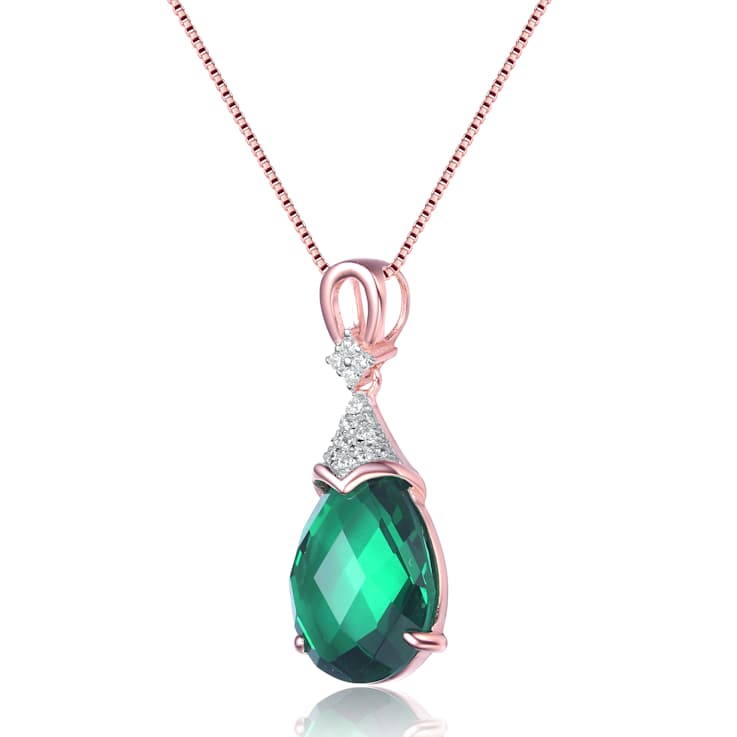 Emerald Color CZ Teardrop Pendant In 18K Rose Gold Over Sterling Silver