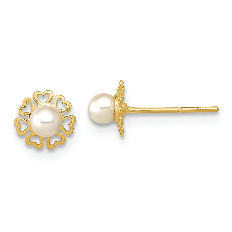 14k Yellow Gold 6mm Polished Small Heart Petals and Freshwater Cultured
Pearl Stud Earrings