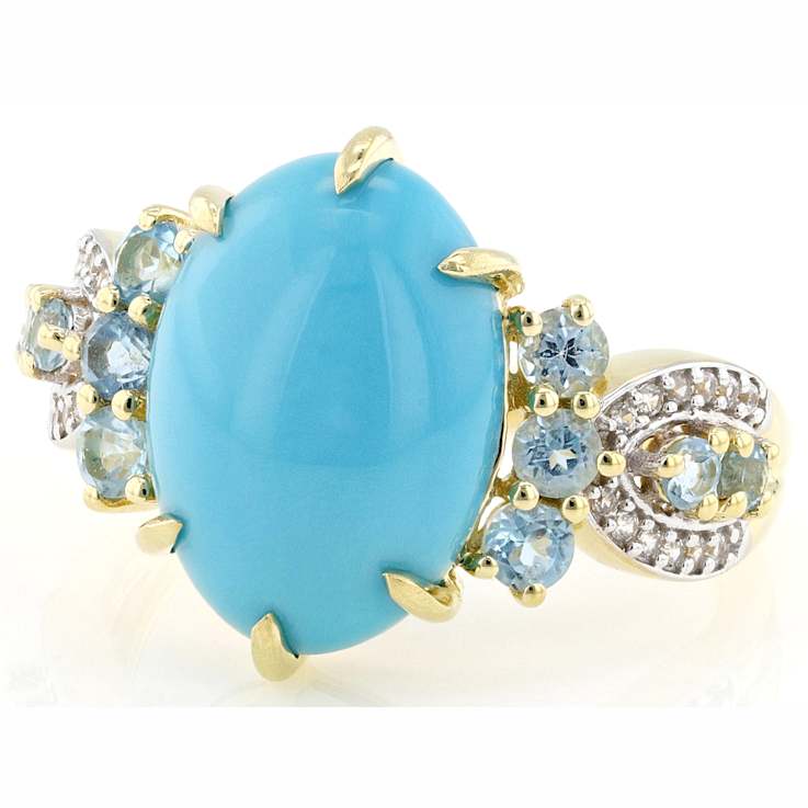 Turquoise With Blue Topaz And White Zircon Ring In 18K Gold Over
Sterling Silver 0.68ctw