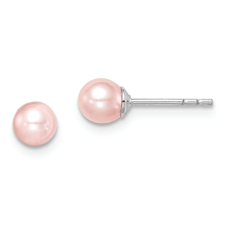 Rhodium Over Sterling Silver 4-5mm Pink Round FWC Pearl Stud Earrings