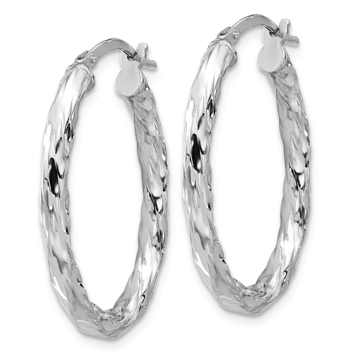 Rhodium Over Sterling Silver Polished and Textured Twisted Oval Hoop Earrings