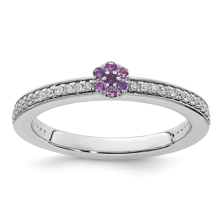 14K White Gold Stackable Expressions Amethyst and Diamond Ring 0.075ctw