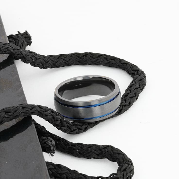 SHERIFF Domed Black Titanium Brushed Finish Men’s Wedding Ring with Blue
Grooves 8mm