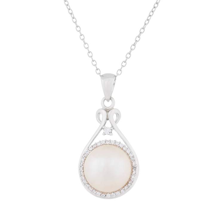10-11mm Button White Cultured Freshwater Pearl and CZ Rhodium Over
Sterling Silver Pendant