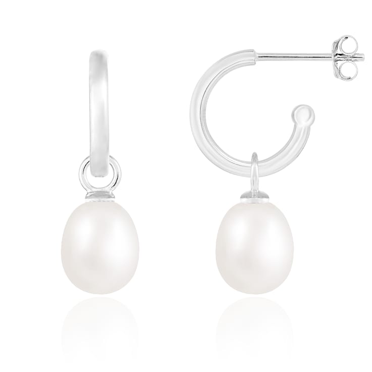 7.5-8mm White Cultured Freshwater Pearl Rhodium Over Sterling Silver Earrings