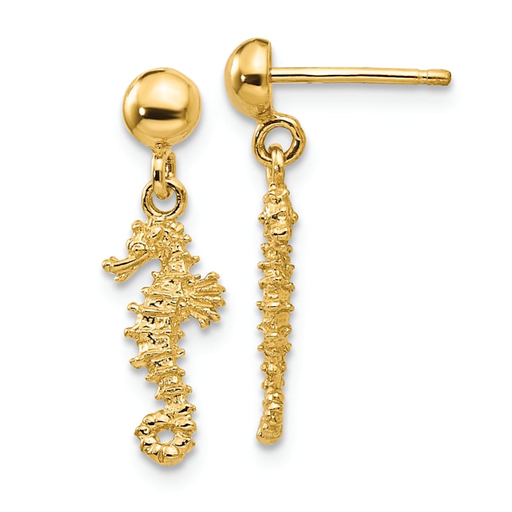 14k Yellow Gold 3D Textured Mini Seahorse Dangle Earrings