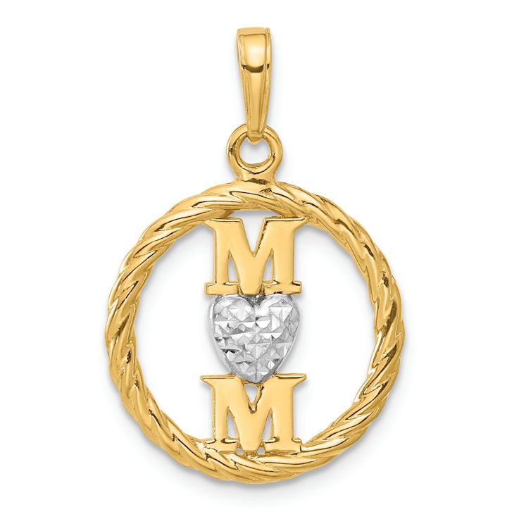 14k Two-tone Gold Diamond-cut Heart Mom Pendant