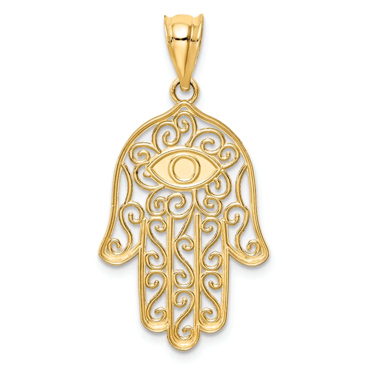 14k Yellow Gold Polished Filigree Textured and Enameled Hamsa Pendant