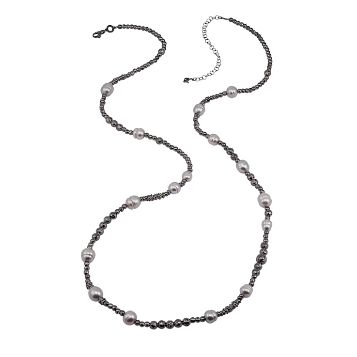 8-10mm Round Gray Freshwater Pearl and Black Rhodium Over Sterling
Silver Bead Necklace