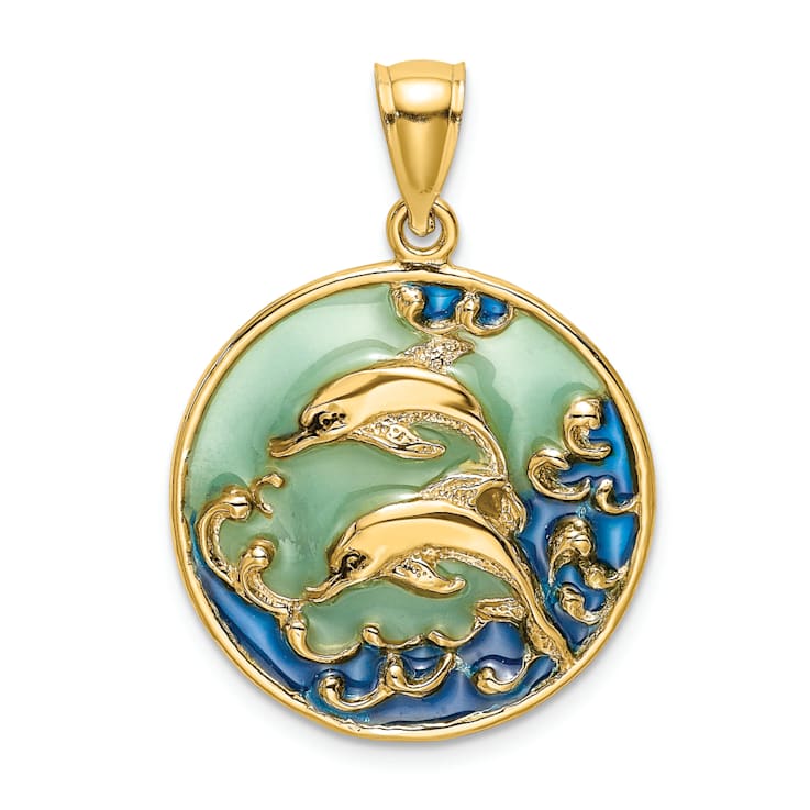14k Yellow Gold Dolphins with Blue Enameled Pendant