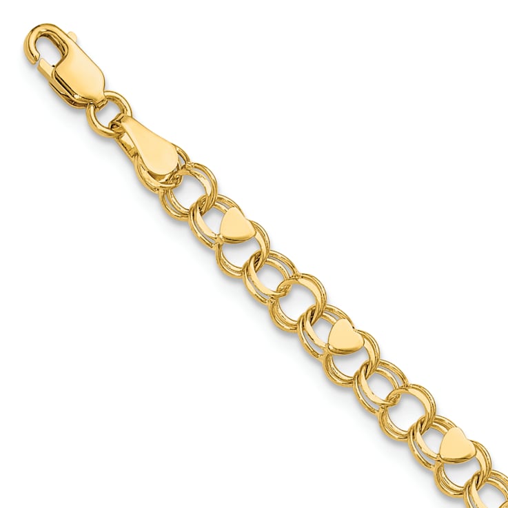 14k Yellow Gold 4mm Double Link Heart Charm Bracelet