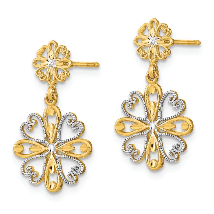 14k Two-tone Textured Beaded Heart Petal Floral Dangle Earrings