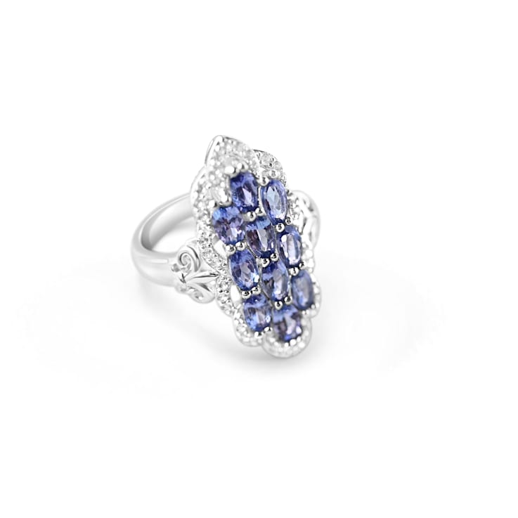 Rhodium Over Sterling Silver Oval Tanzanite and White Zircon Ring 1.46ctw