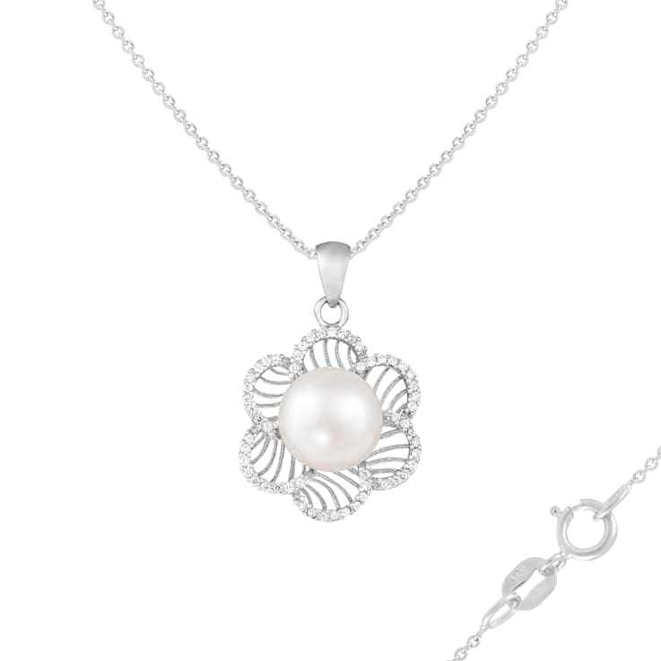 9-10mm Button White Cultured Freshwater Pearl and CZ Rhodium Over
Sterling Silver Pendant