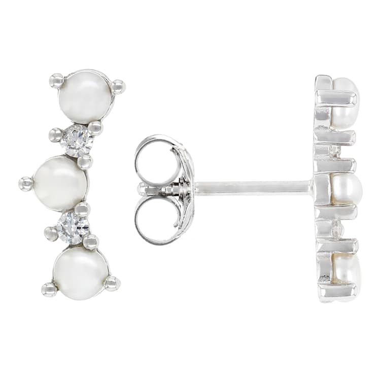 Pearl And CZ Ear Climbers In Sterling Silver
