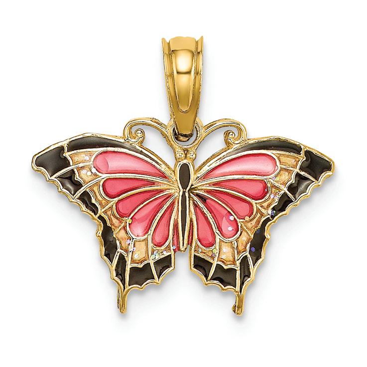 14k Yellow Gold Small Enameled Pink Butterfly Pendant