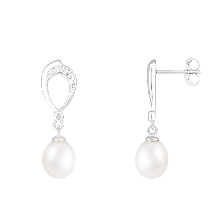7.5-8mm White Cultured Freshwater Pearl Rhodium Over Sterling Silver Earrings