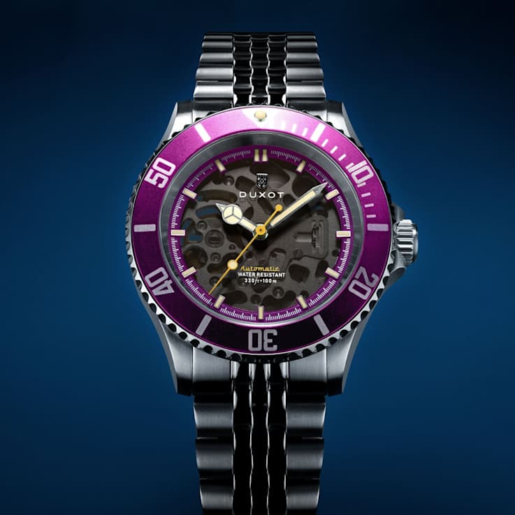 Duxot Atlantica Skeleton Diver Purple Dial White Bezel White Stainless
Steel Band Automatic Watch