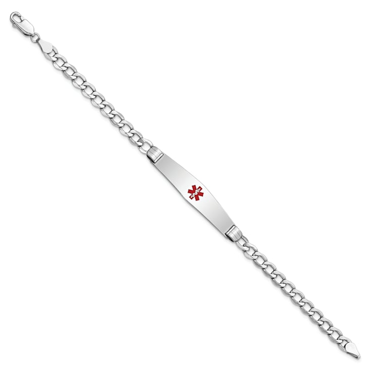 Rhodium Over 14k White Gold Medical Soft Diamond Shape Red Enamel Curb
Link ID Bracelet