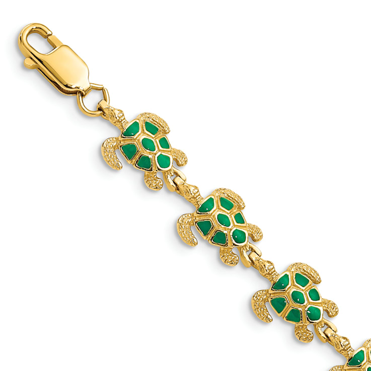 14k Yellow Gold with Green Enamel Sea Turtle Bracelet