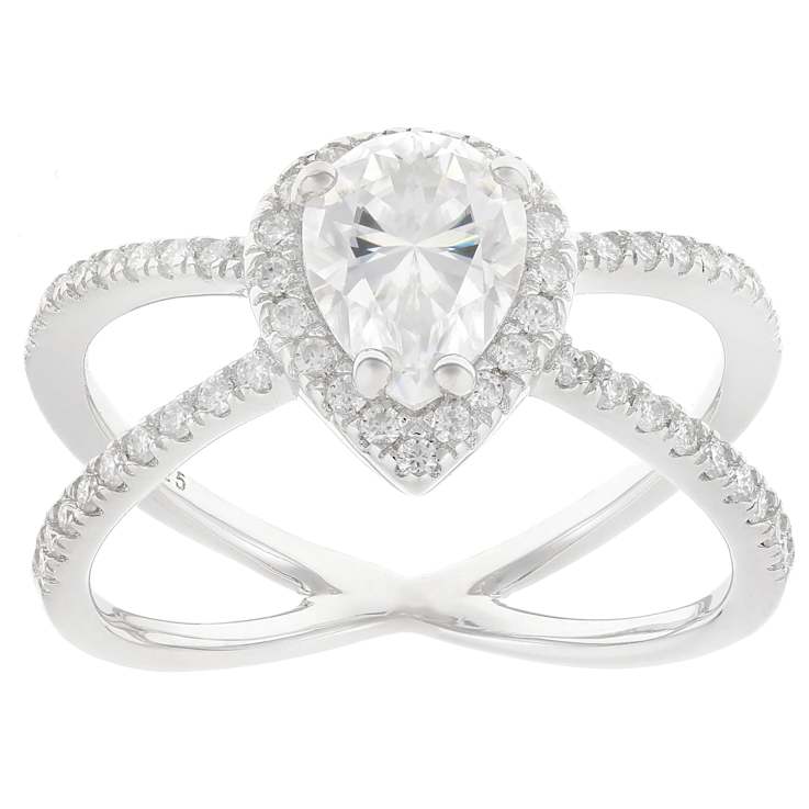 Pear And Round Moissanite Open Design Ring In White Metal