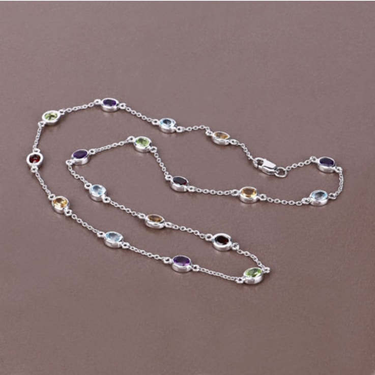 Multi Gemstone Rhodium Over Sterling Silver Station Necklace
